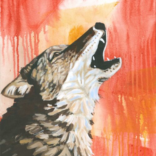 Blood Moon, a painting of a howling coyote