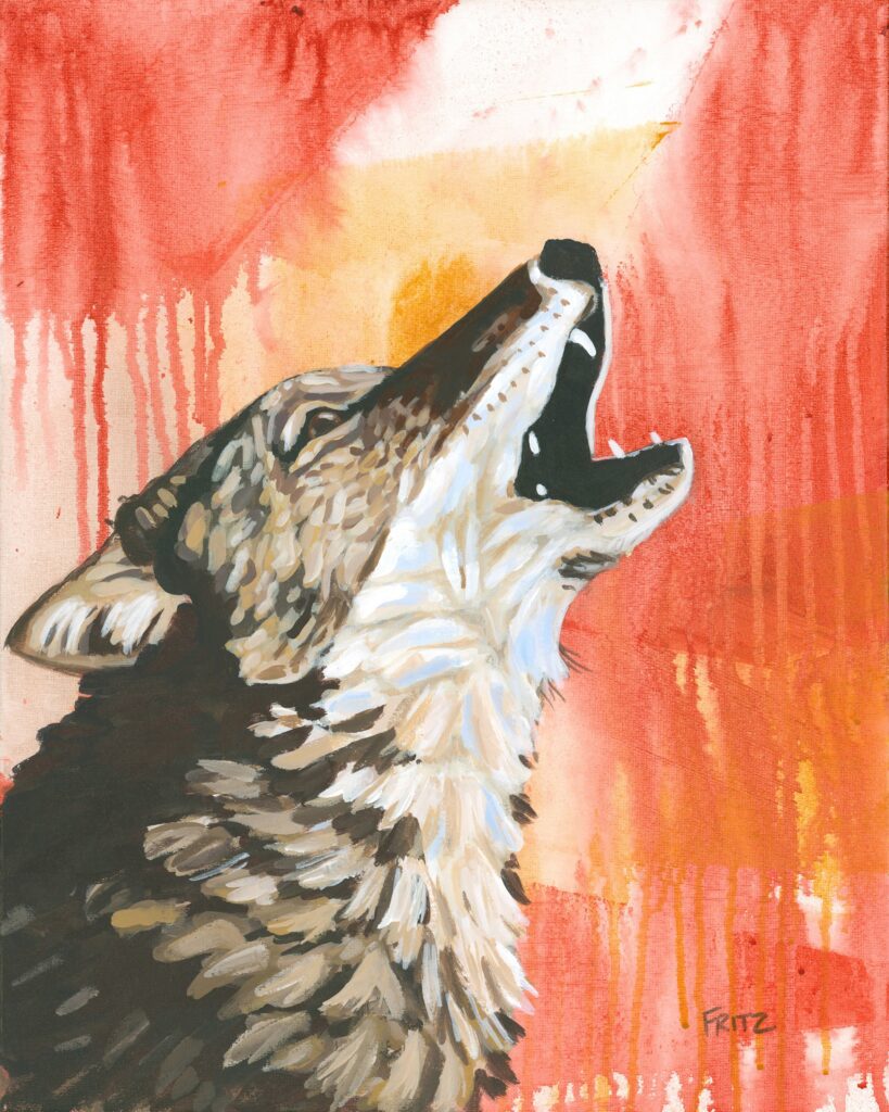 Blood Moon, a painting of a howling coyote
