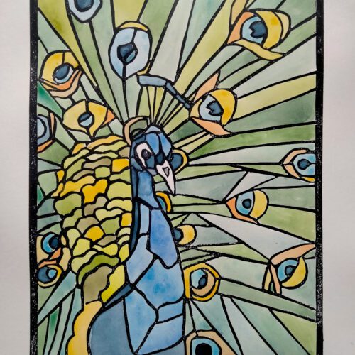Stained Glass Peacock, a linocut print embellished with watercolor of a peacock.